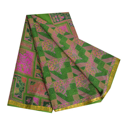 Sanskriti Vintage Sarees Green/Pink Zari Border Pure Silk Print Sari 5yd Sustainable Fabric
