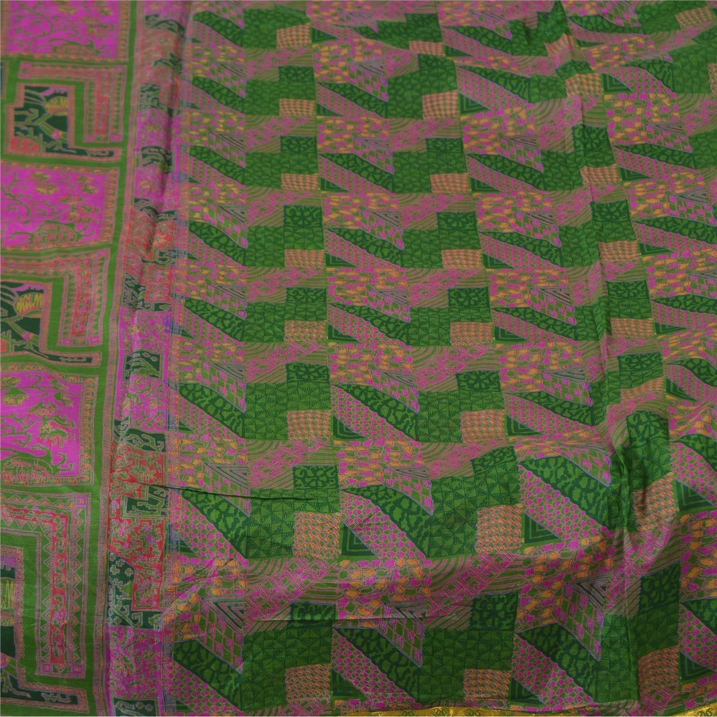 Sanskriti Vintage Sarees Green/Pink Zari Border Pure Silk Print Sari 5yd Sustainable Fabric