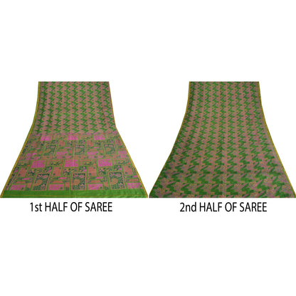 Sanskriti Vintage Sarees Green/Pink Zari Border Pure Silk Print Sari 5yd Sustainable Fabric