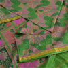 Sanskriti Vintage Sarees Green/Pink Zari Border Pure Silk Print Sari 5yd Sustainable Fabric