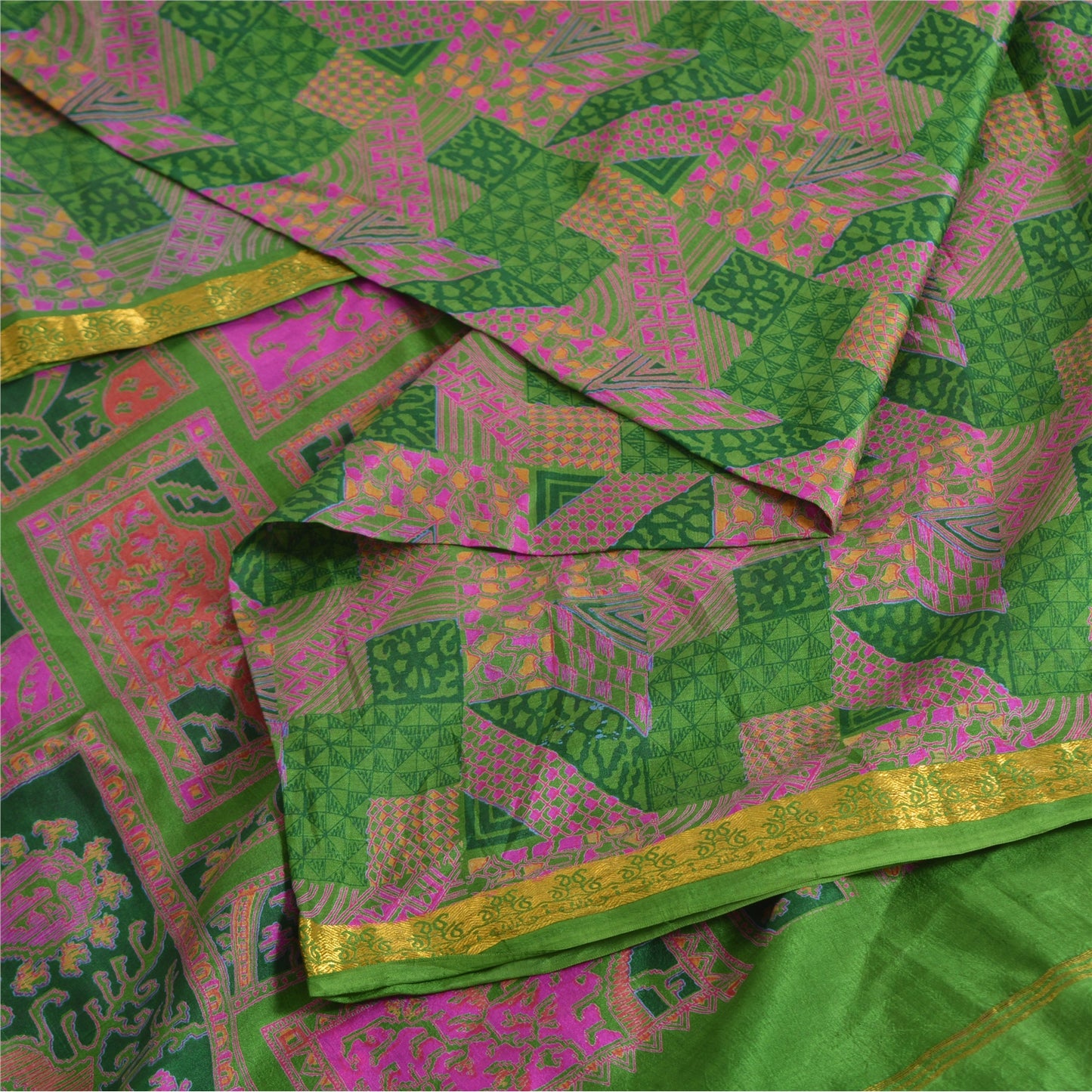 Sanskriti Vintage Sarees Green/Pink Zari Border Pure Silk Print Sari 5yd Sustainable Fabric