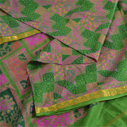 Sanskriti Vintage Sarees Green/Pink Zari Border Pure Silk Print Sari 5yd Sustainable Fabric