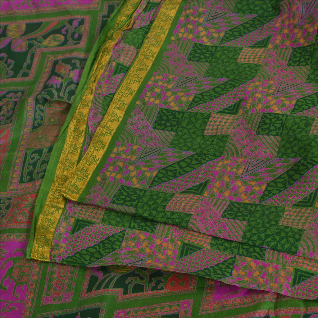 Sanskriti Vintage Sarees Green/Pink Zari Border Pure Silk Print Sari 5yd Sustainable Fabric