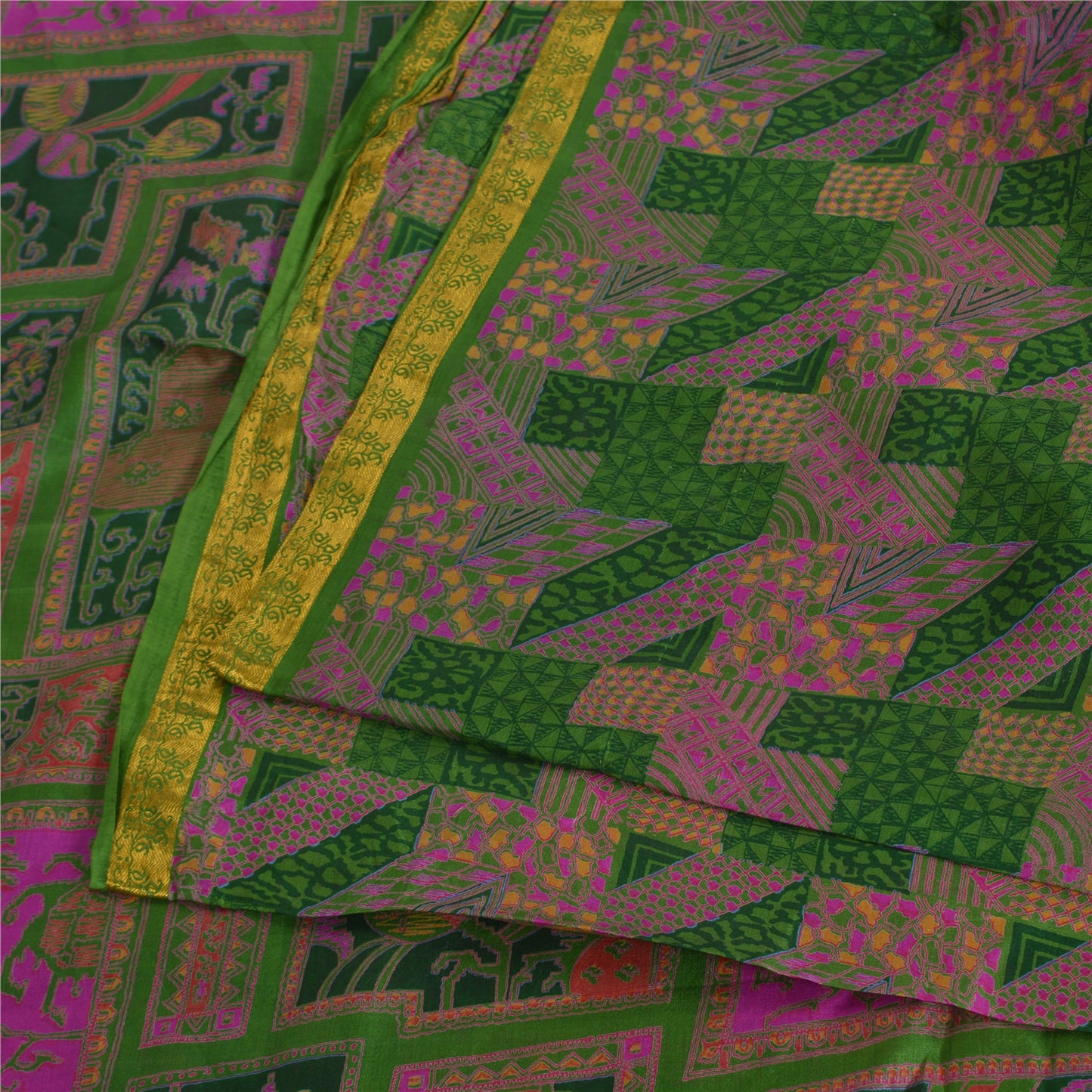 Sanskriti Vintage Sarees Green/Pink Zari Border Pure Silk Print Sari 5yd Sustainable Fabric