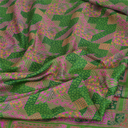 Sanskriti Vintage Sarees Green/Pink Zari Border Pure Silk Print Sari 5yd Sustainable Fabric