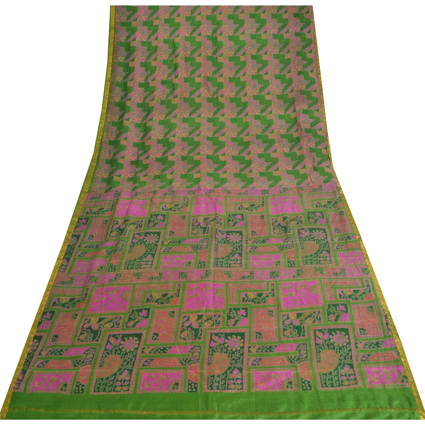 Sanskriti Vintage Sarees Green/Pink Zari Border Pure Silk Print Sari 5yd Sustainable Fabric