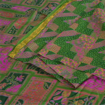 Sanskriti Vintage Sarees Green/Pink Zari Border Pure Silk Print Sari 5yd Sustainable Fabric