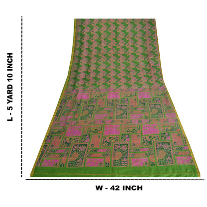 Sanskriti Vintage Sarees Green/Pink Zari Border Pure Silk Print Sari 5yd Sustainable Fabric