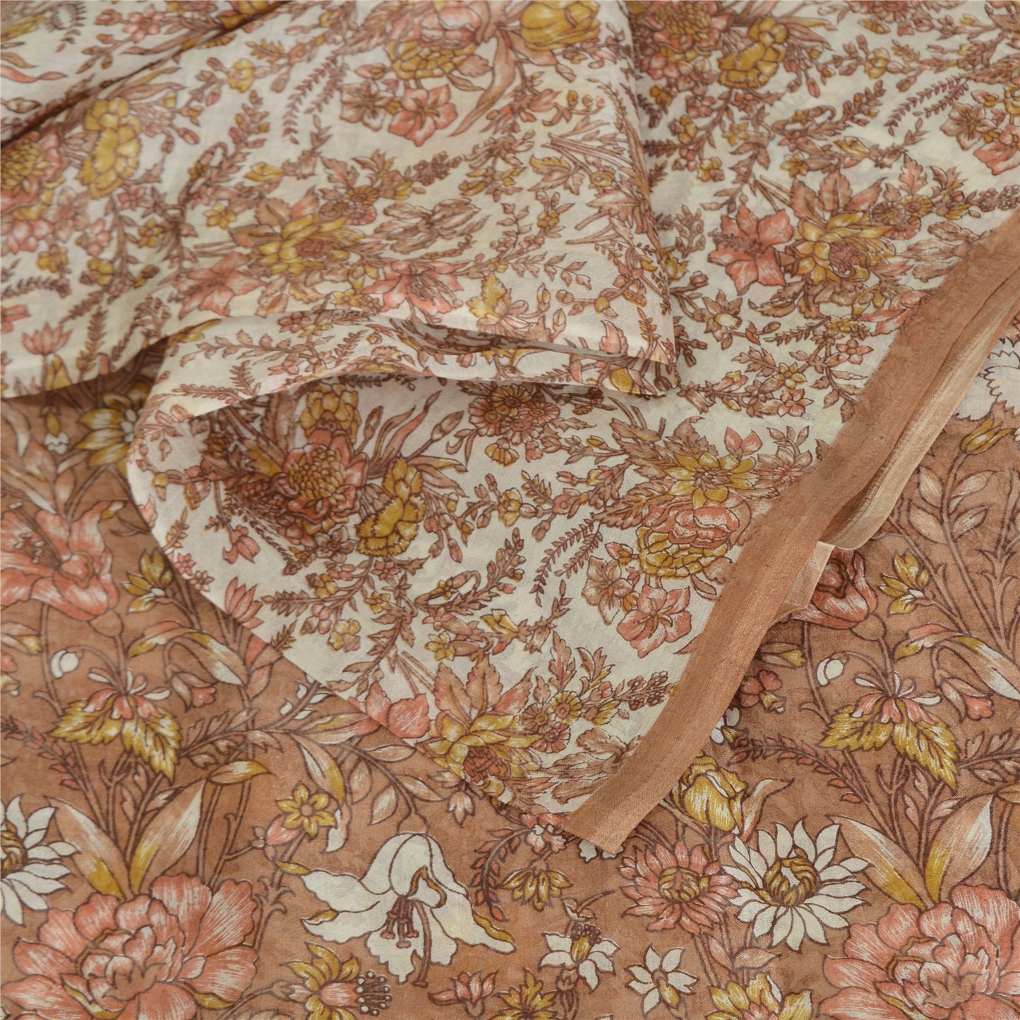 Sanskriti Vintage Sarees Brown/Cream 100%Pure Silk Printed Sari 5yd Craft Sustainable Fabric