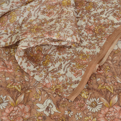 Sanskriti Vintage Sarees Brown/Cream 100%Pure Silk Printed Sari 5yd Craft Sustainable Fabric