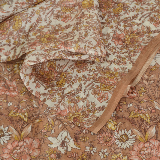 Sanskriti Vintage Sarees Brown/Cream 100%Pure Silk Printed Sari 5yd Craft Sustainable Fabric