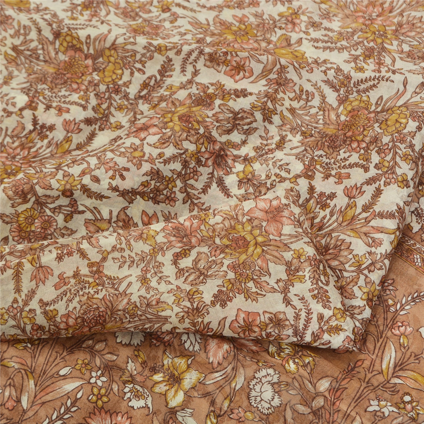 Sanskriti Vintage Sarees Brown/Cream 100%Pure Silk Printed Sari 5yd Craft Sustainable Fabric
