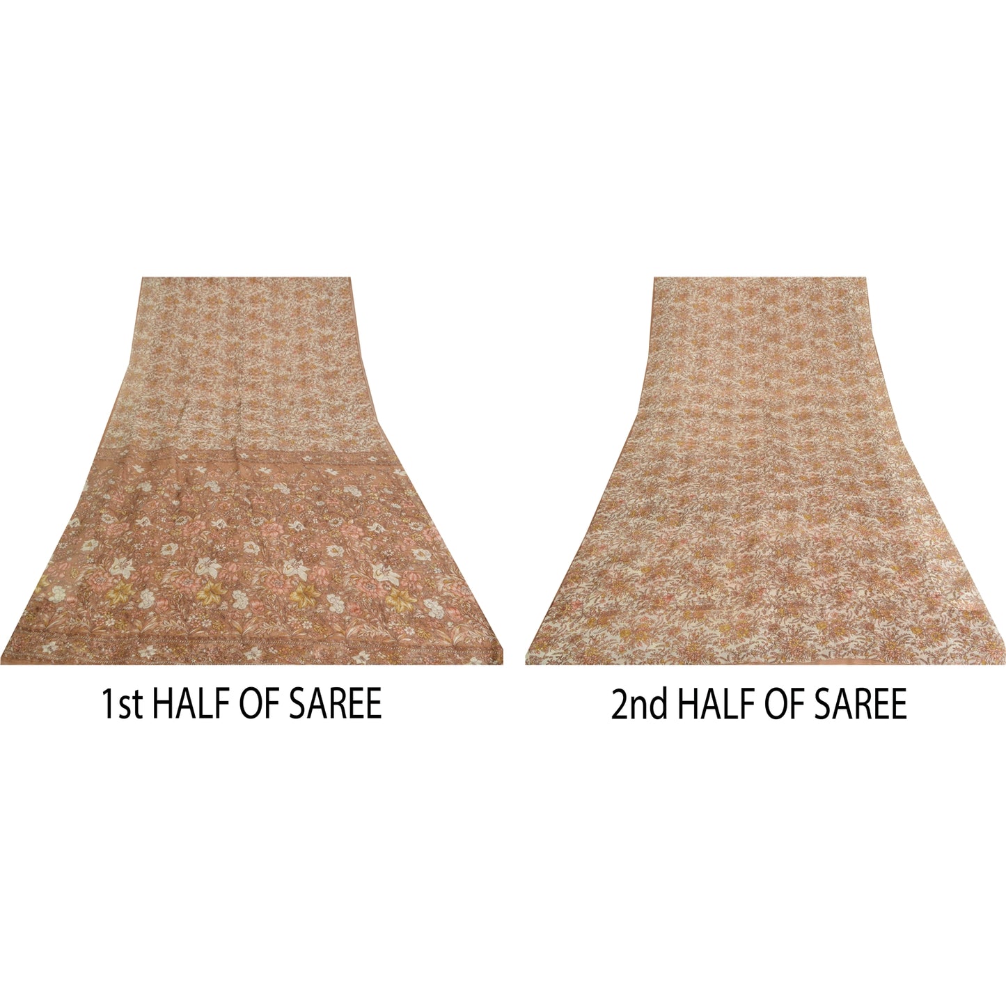 Sanskriti Vintage Sarees Brown/Cream 100%Pure Silk Printed Sari 5yd Craft Sustainable Fabric