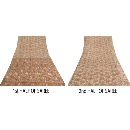 Sanskriti Vintage Sarees Brown/Cream 100%Pure Silk Printed Sari 5yd Craft Sustainable Fabric