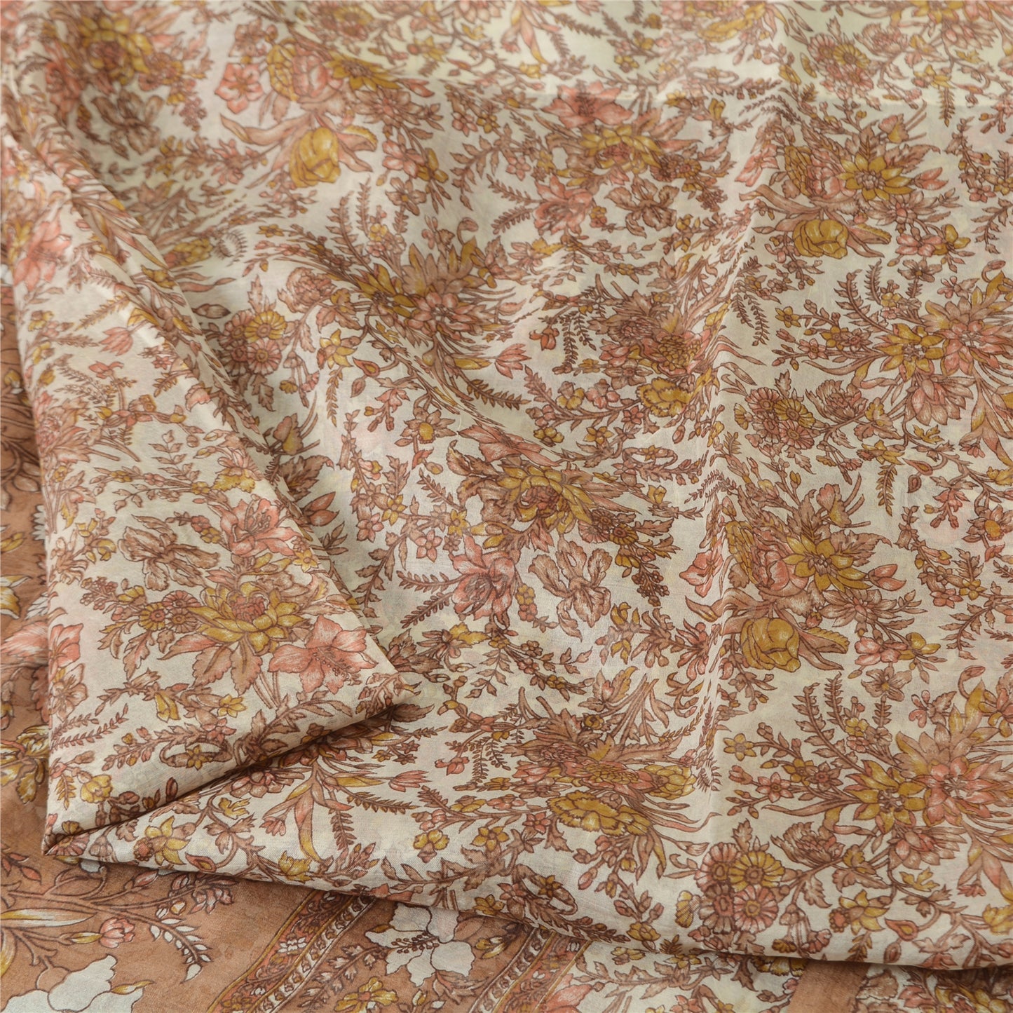 Sanskriti Vintage Sarees Brown/Cream 100%Pure Silk Printed Sari 5yd Craft Sustainable Fabric