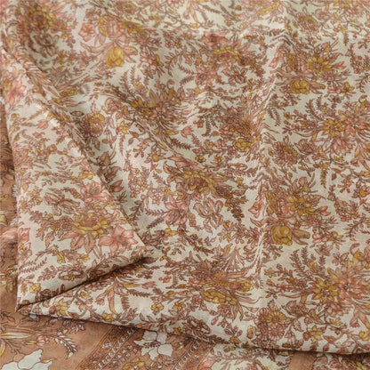 Sanskriti Vintage Sarees Brown/Cream 100%Pure Silk Printed Sari 5yd Craft Sustainable Fabric