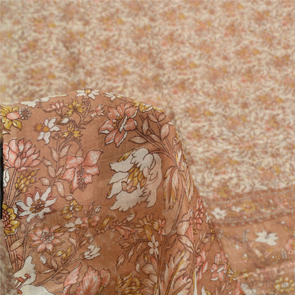 Sanskriti Vintage Sarees Brown/Cream 100%Pure Silk Printed Sari 5yd Craft Sustainable Fabric
