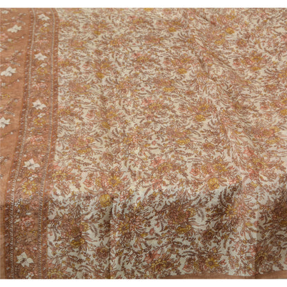 Sanskriti Vintage Sarees Brown/Cream 100%Pure Silk Printed Sari 5yd Craft Sustainable Fabric
