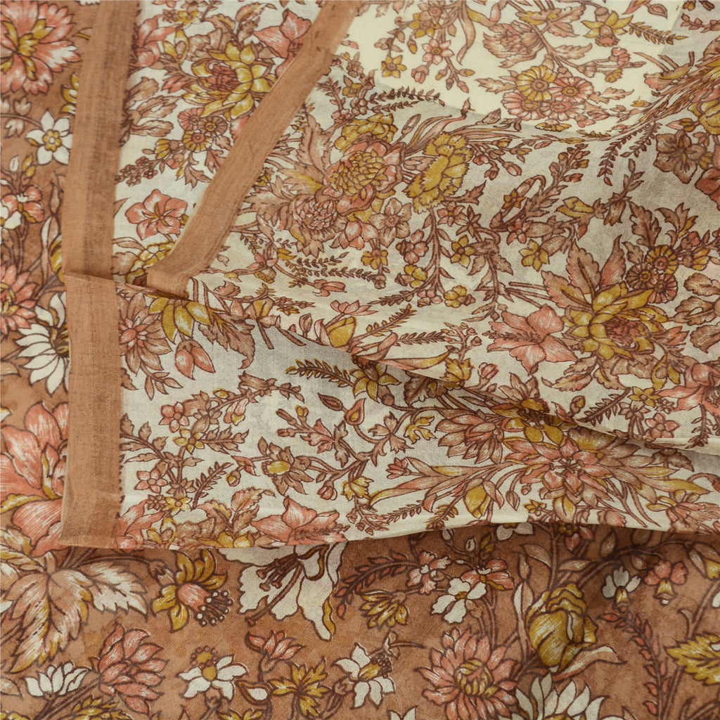 Sanskriti Vintage Sarees Brown/Cream 100%Pure Silk Printed Sari 5yd Craft Sustainable Fabric