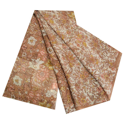 Sanskriti Vintage Sarees Brown/Cream 100%Pure Silk Printed Sari 5yd Craft Sustainable Fabric