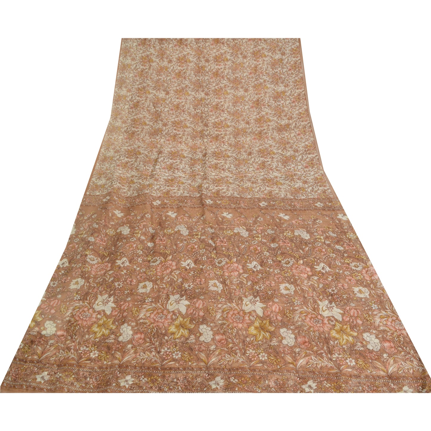 Sanskriti Vintage Sarees Brown/Cream 100%Pure Silk Printed Sari 5yd Craft Sustainable Fabric