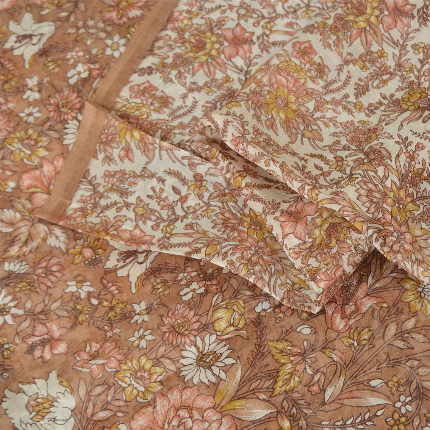 Sanskriti Vintage Sarees Brown/Cream 100%Pure Silk Printed Sari 5yd Craft Sustainable Fabric