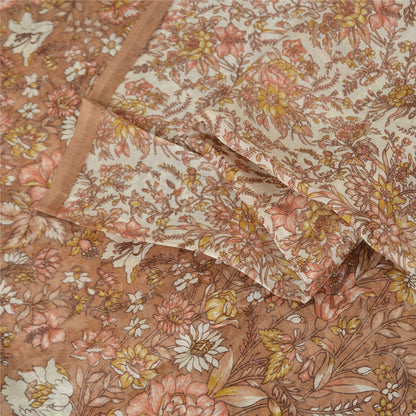 Sanskriti Vintage Sarees Brown/Cream 100%Pure Silk Printed Sari 5yd Craft Sustainable Fabric