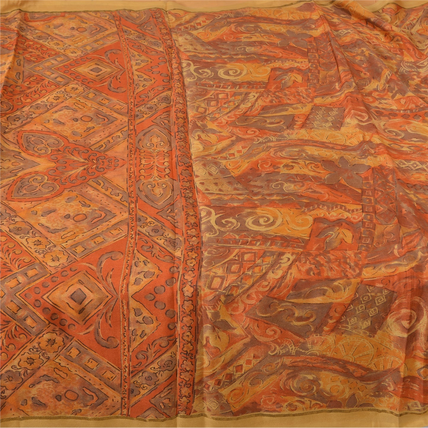 Санскритские винтажные сари, оранжевое индийское чистое шелковое сари с принтом, 5 ярдов, ремесленная устойчивая ткань