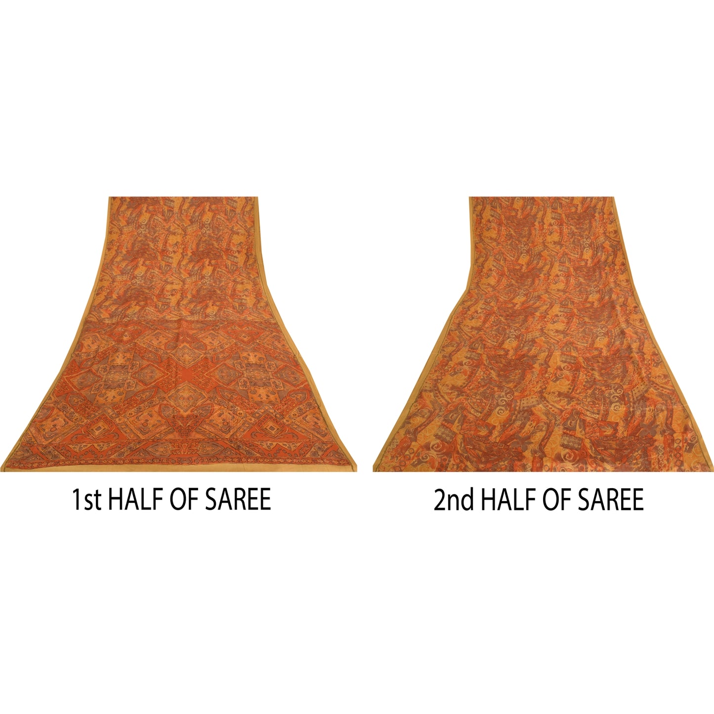 Санскритские винтажные сари, оранжевое индийское чистое шелковое сари с принтом, 5 ярдов, ремесленная устойчивая ткань