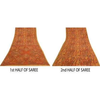 Санскритские винтажные сари, оранжевое индийское чистое шелковое сари с принтом, 5 ярдов, ремесленная устойчивая ткань
