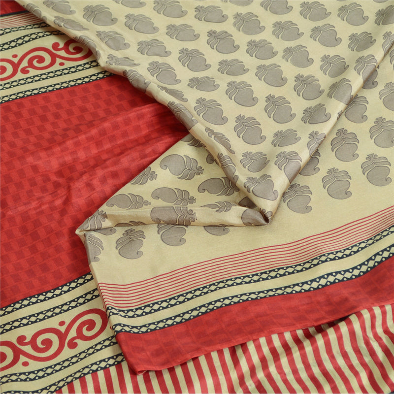 Sanskriti Vintage Saree Cream & Red 100% Pure Silk 5+Yd Saree Block Printed Floral Indian Textile Heritage Sari Create Dresses, Kaftan
