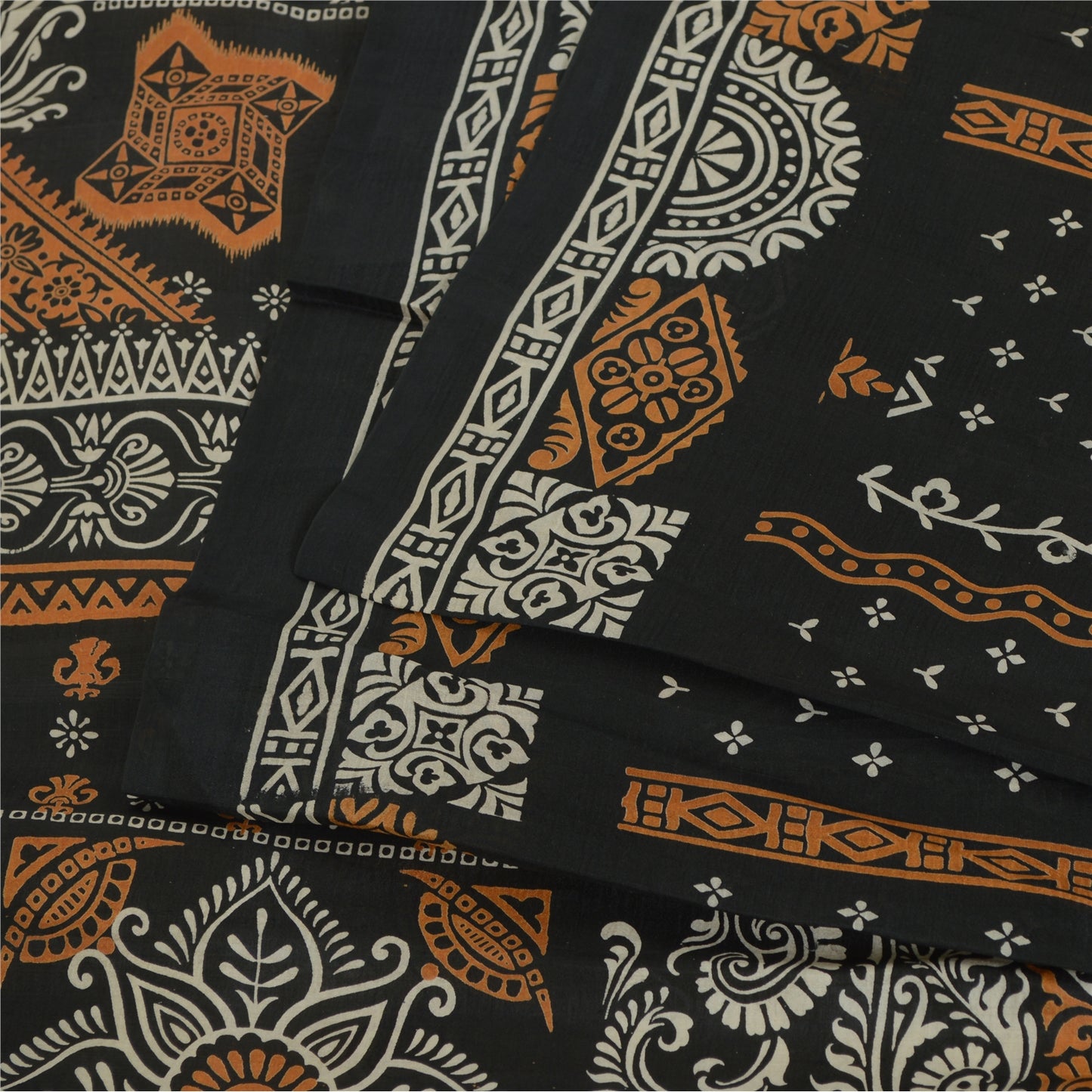 Sanskriti Vintage Sarees Cream/Black Pure Silk Printed Sari 5yd Craft Sustainable Fabric