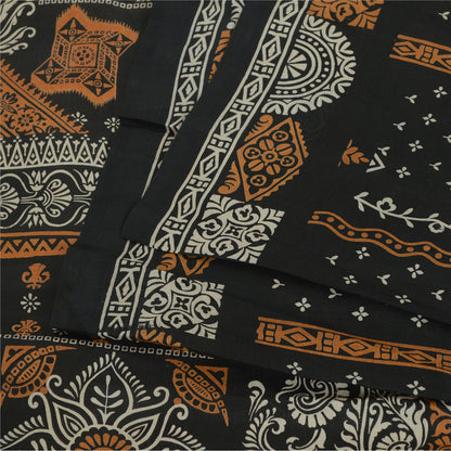 Sanskriti Vintage Sarees Cream/Black Pure Silk Printed Sari 5yd Craft Sustainable Fabric