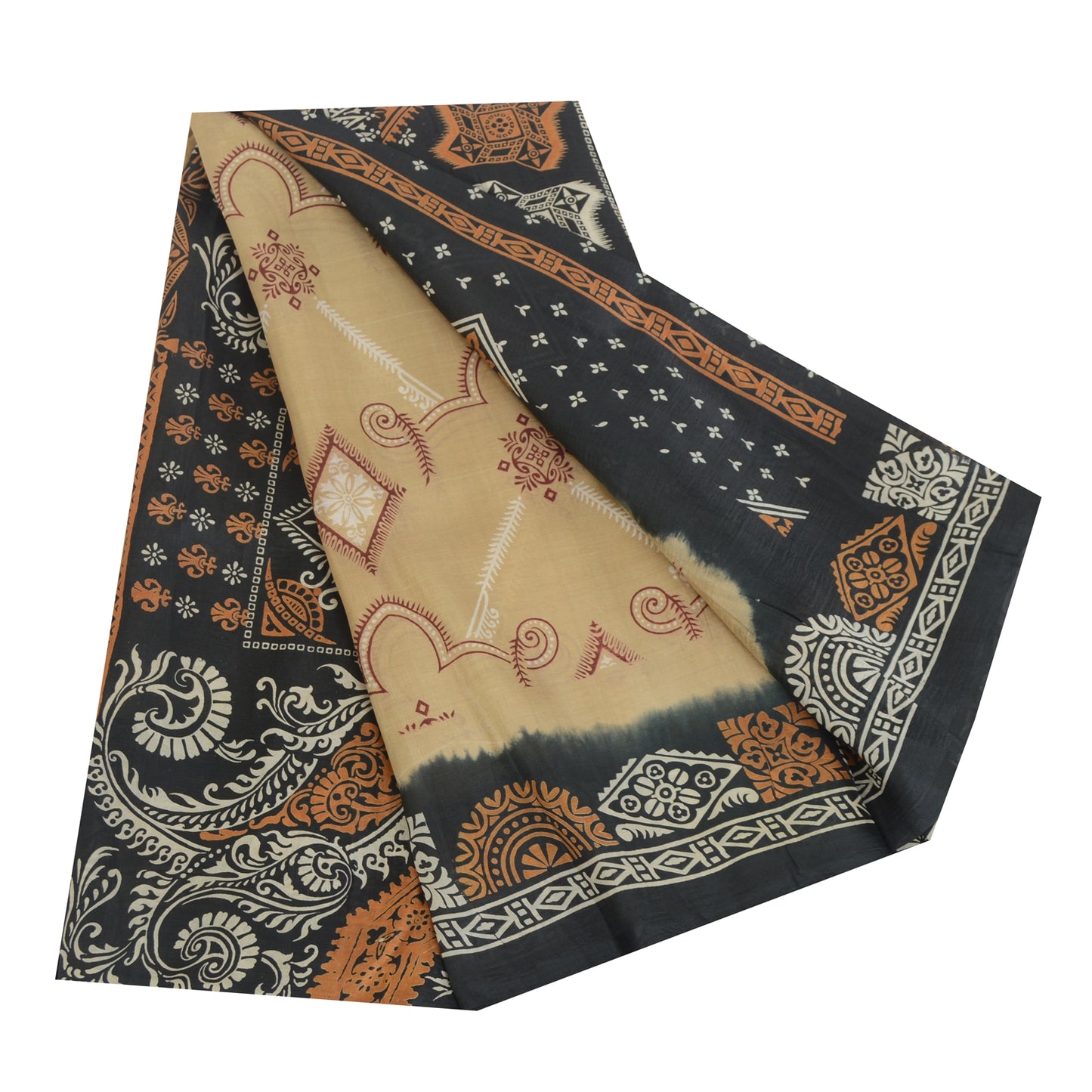 Sanskriti Vintage Sarees Cream/Black Pure Silk Printed Sari 5yd Craft Sustainable Fabric