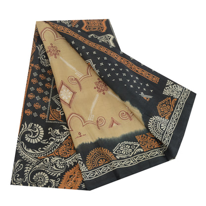 Sanskriti Vintage Sarees Cream/Black Pure Silk Printed Sari 5yd Craft Sustainable Fabric