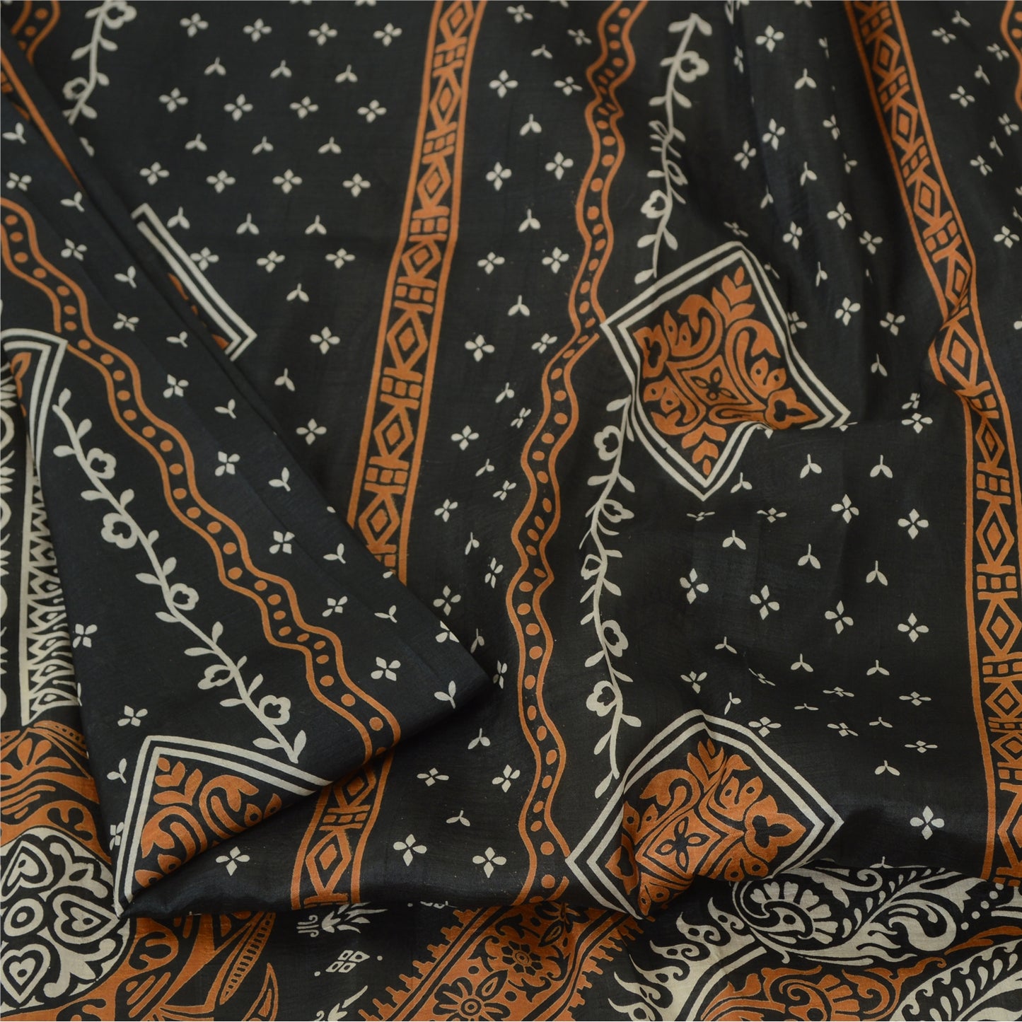 Sanskriti Vintage Sarees Cream/Black Pure Silk Printed Sari 5yd Craft Sustainable Fabric