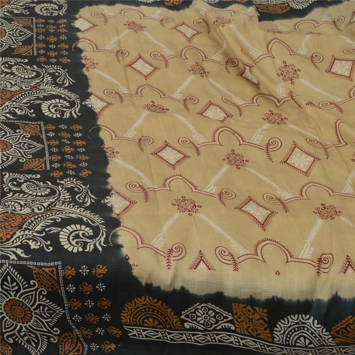 Sanskriti Vintage Sarees Cream/Black Pure Silk Printed Sari 5yd Craft Sustainable Fabric