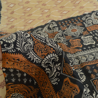 Sanskriti Vintage Sarees Cream/Black Pure Silk Printed Sari 5yd Craft Sustainable Fabric