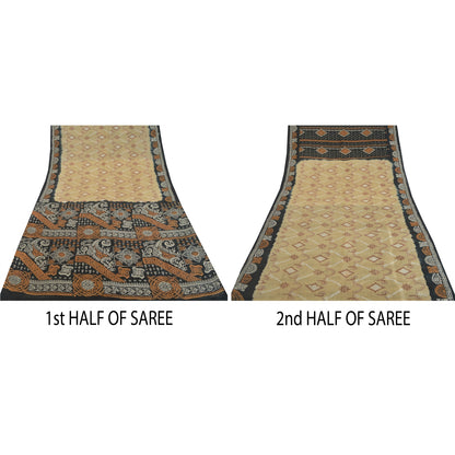 Sanskriti Vintage Sarees Cream/Black Pure Silk Printed Sari 5yd Craft Sustainable Fabric