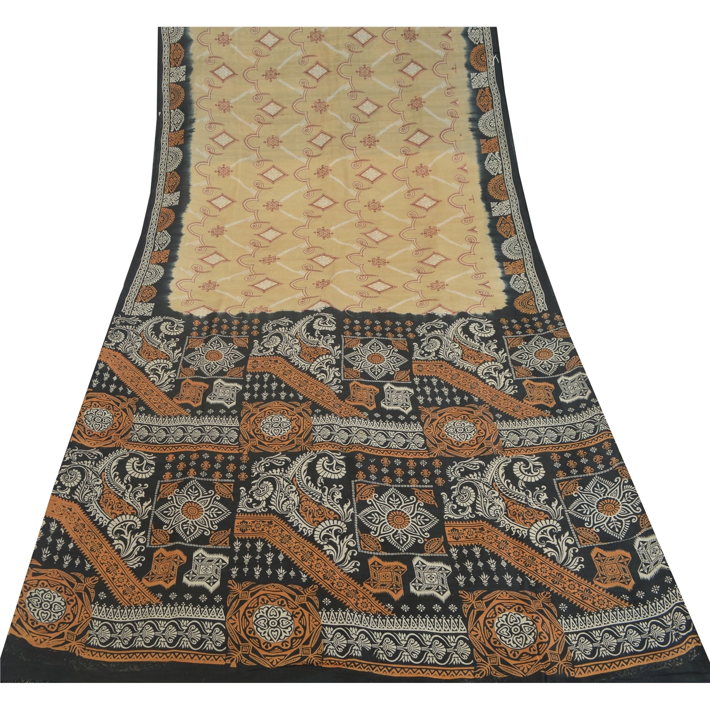 Sanskriti Vintage Sarees Cream/Black Pure Silk Printed Sari 5yd Craft Sustainable Fabric