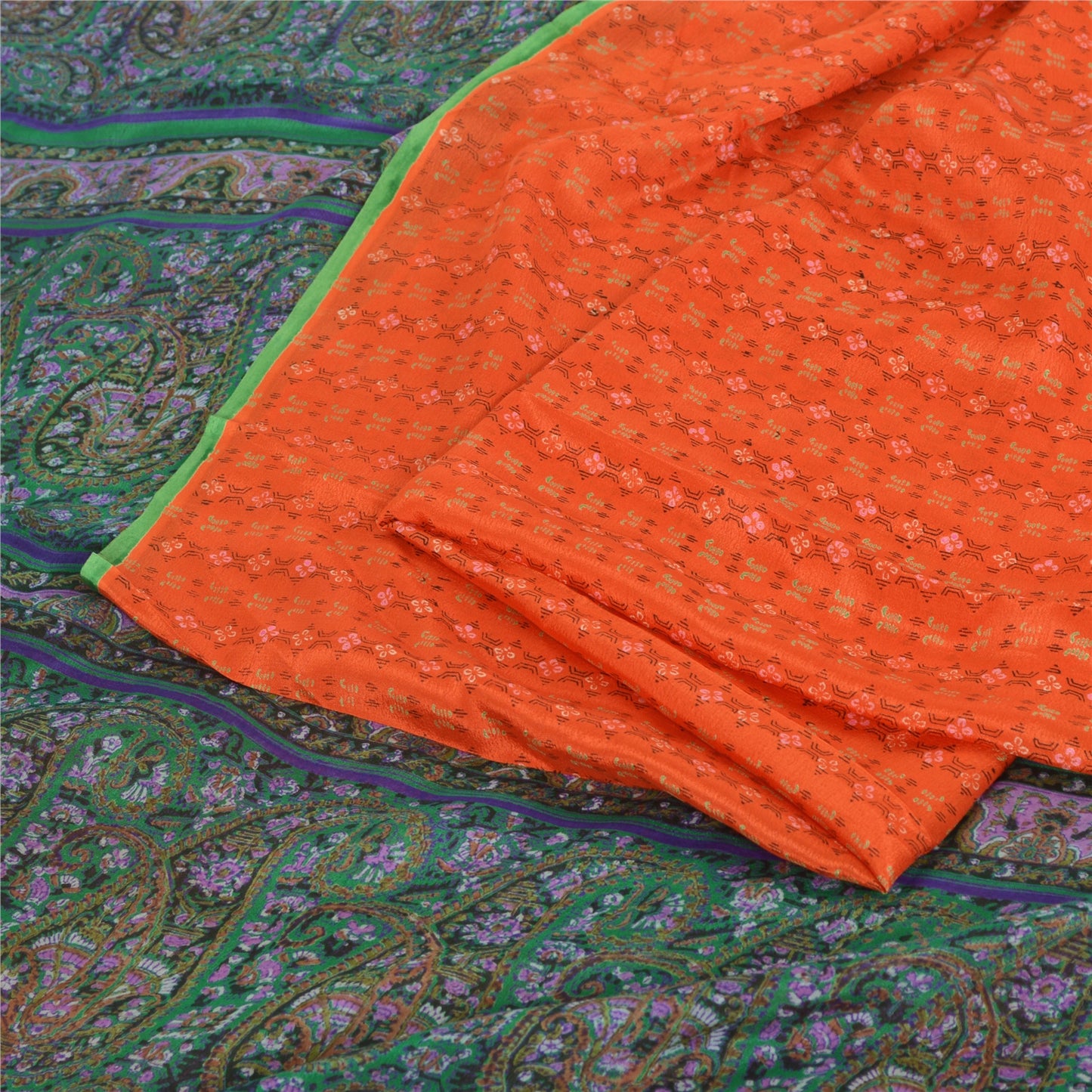 Sanskriti Vintage Sarees Orange Indian Pure Silk Printed Sari 5yd Craft Sustainable Fabric