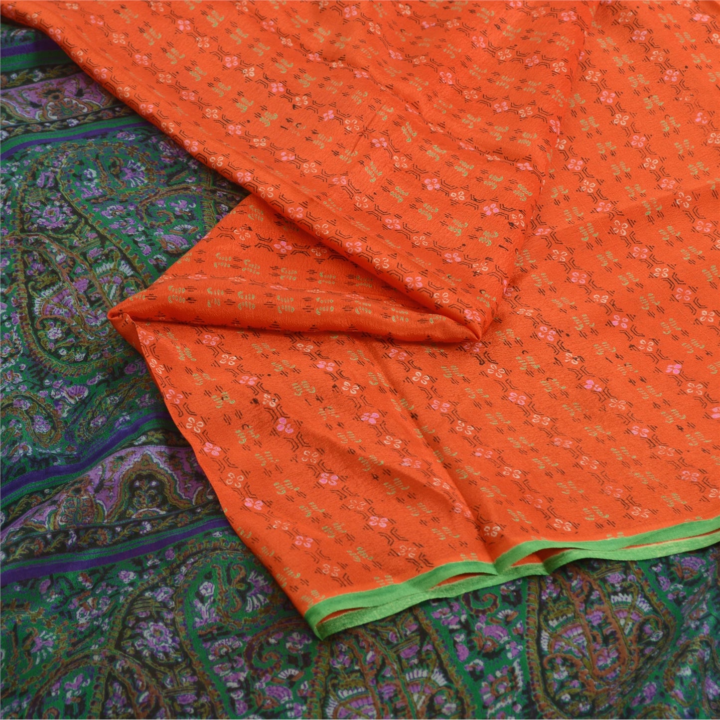 Sanskriti Vintage Sarees Orange Indian Pure Silk Printed Sari 5yd Craft Sustainable Fabric