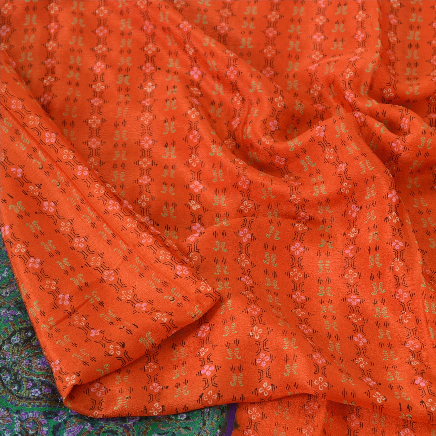 Sanskriti Vintage Sarees Orange Indian Pure Silk Printed Sari 5yd Craft Sustainable Fabric