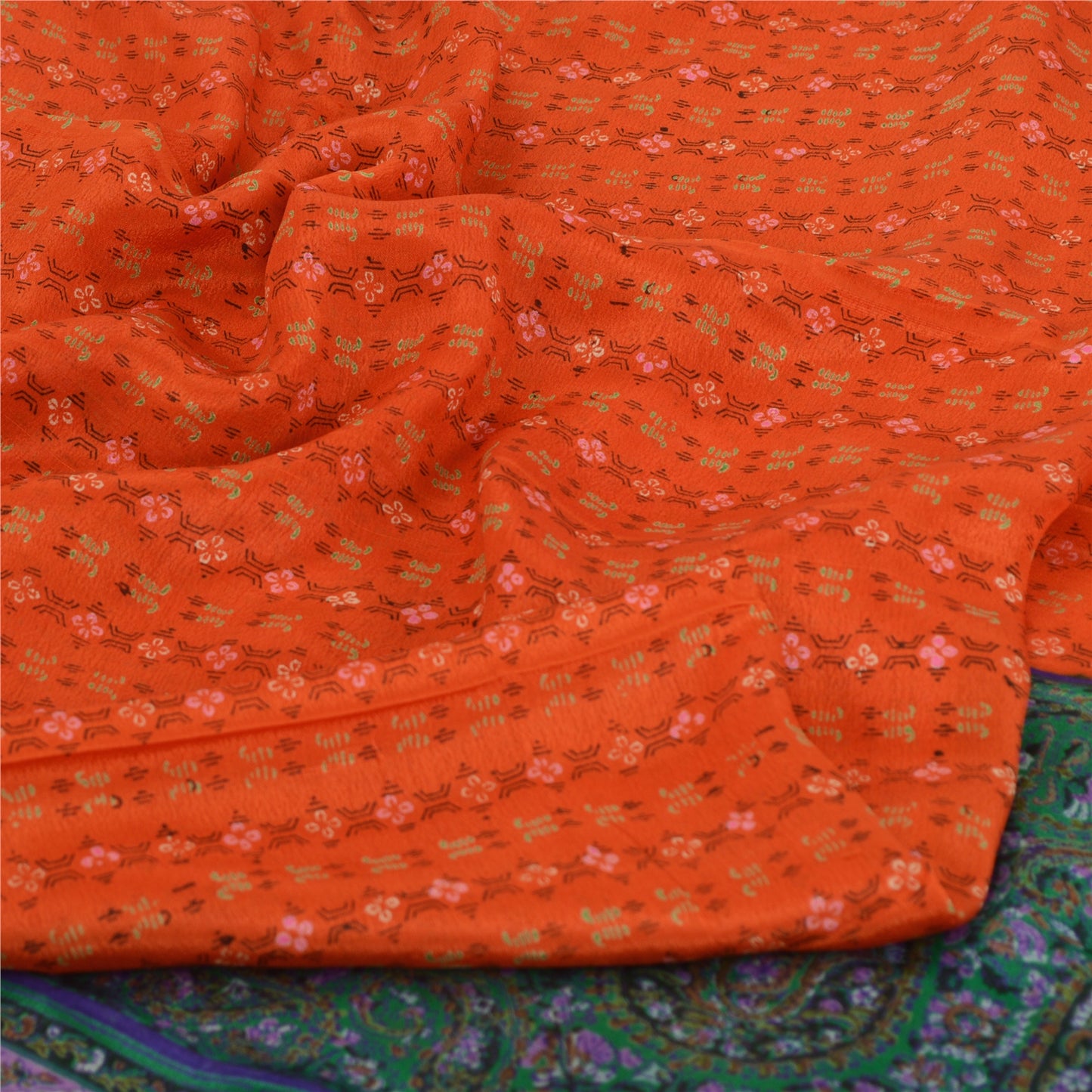 Sanskriti Vintage Sarees Orange Indian Pure Silk Printed Sari 5yd Craft Sustainable Fabric