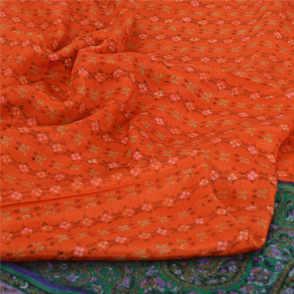 Sanskriti Vintage Sarees Orange Indian Pure Silk Printed Sari 5yd Craft Sustainable Fabric