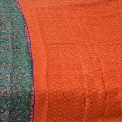 Sanskriti Vintage Sarees Orange Indian Pure Silk Printed Sari 5yd Craft Sustainable Fabric