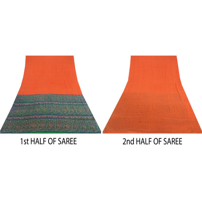 Sanskriti Vintage Sarees Orange Indian Pure Silk Printed Sari 5yd Craft Sustainable Fabric