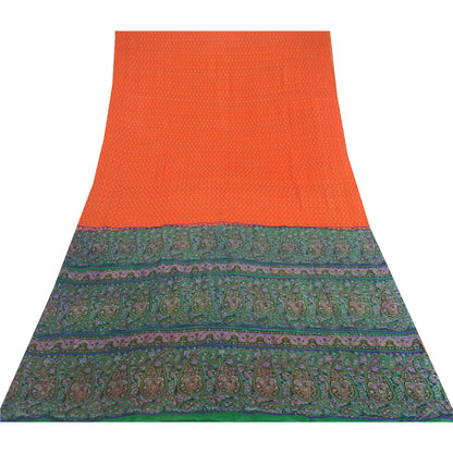 Sanskriti Vintage Sarees Orange Indian Pure Silk Printed Sari 5yd Craft Sustainable Fabric