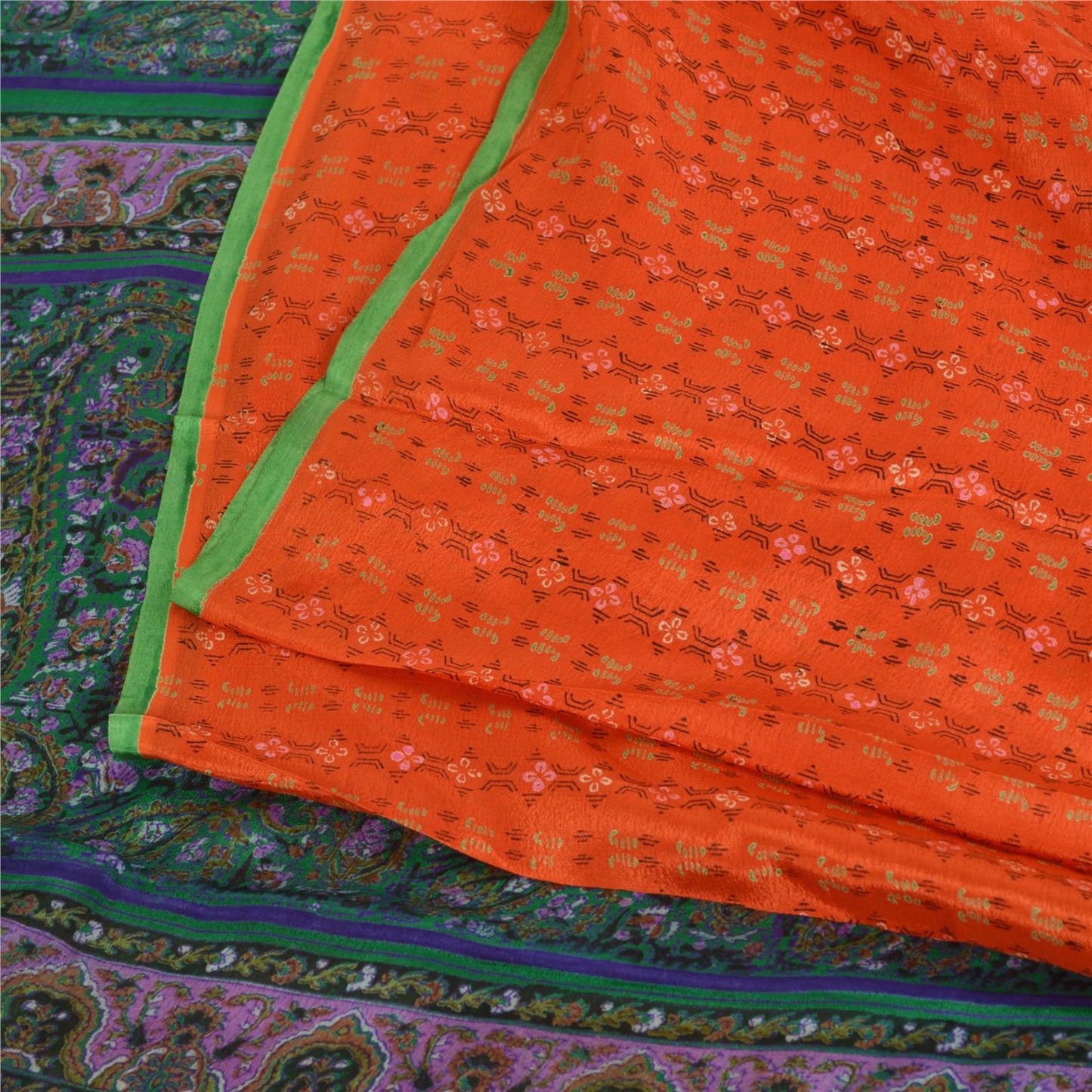 Sanskriti Vintage Sarees Orange Indian Pure Silk Printed Sari 5yd Craft Sustainable Fabric
