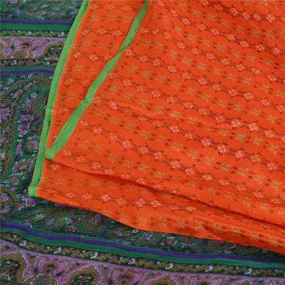 Sanskriti Vintage Sarees Orange Indian Pure Silk Printed Sari 5yd Craft Sustainable Fabric